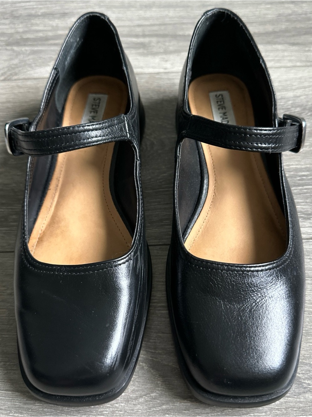 Steve Madden Delancy Black Leather Mary Jane Square Toe Buckle Flat Shoes sz 9M - Picture 8 of 11